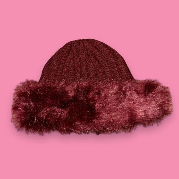 Whimsigoth Maroon Y2k Acrylic Blend Knitted Faux Fur Trim Beanie One Size - Picture 2 of 3